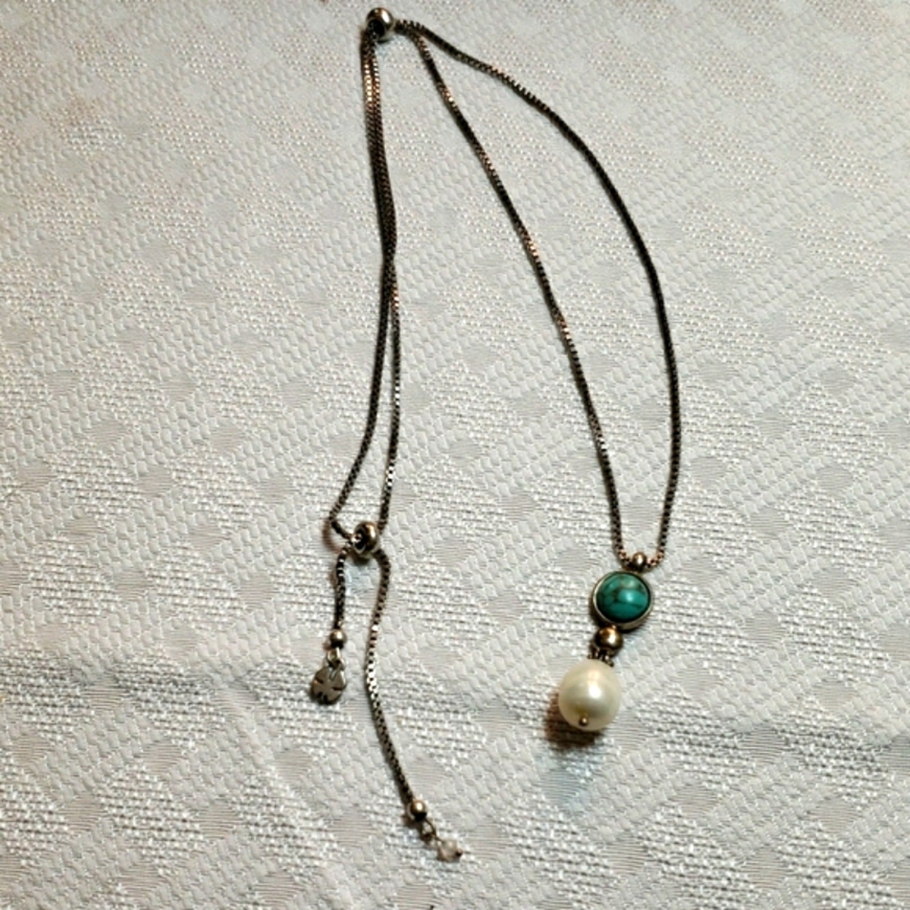 Lucky Brand Silver Necklace with Turquoise and Pearl Elegant